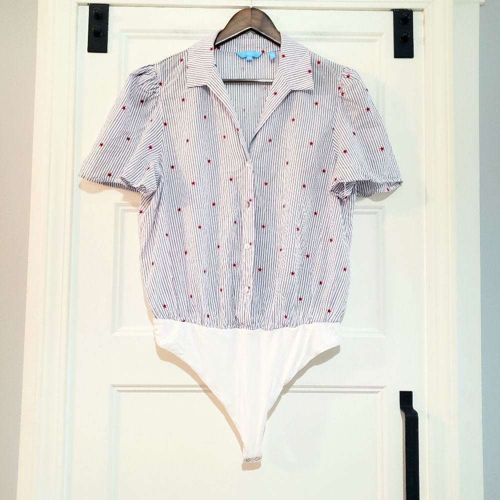 Draper James RSVP Womens XL Button Up Collared Bodysuit Navy Stripe Red Stars